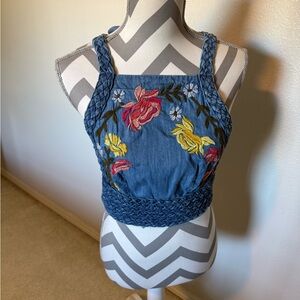 Pilcro Blue Floral Embroidered Crop Top